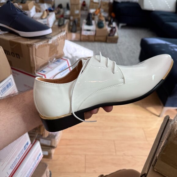 Santimon Men's US 8, 10 White Patent Leather Lace Up Pointed Toe Oxford Shoes - Picture 7 of 11